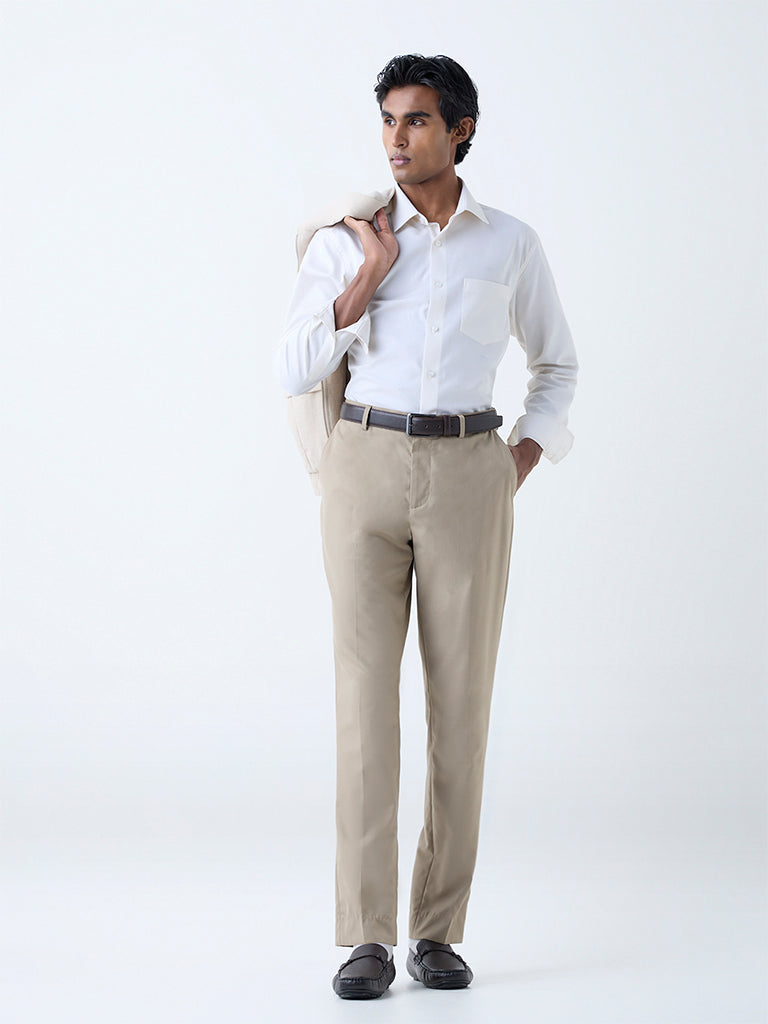 WES Formals Light Yellow Self Striped Relaxed-Fit Cotton Shirt