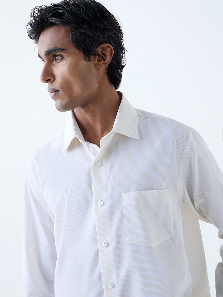 WES Formals Light Yellow Self Striped Relaxed-Fit Cotton Shirt