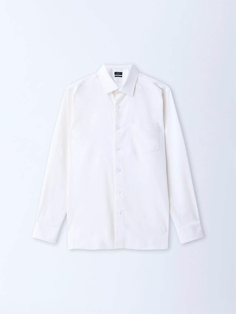 WES Formals Light Yellow Self Striped Relaxed-Fit Cotton Shirt