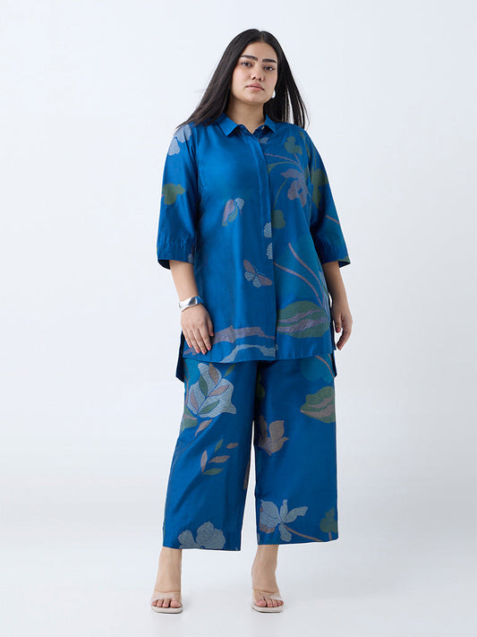 Diza Blue Botanical Printed High-Low Tunic