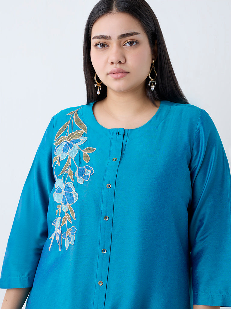 Diza Teal Floral Embroidered A-Line Kurta