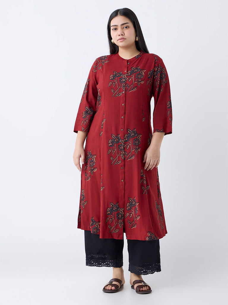 Diza Maroon Botanical Pattern A-Line Kurta