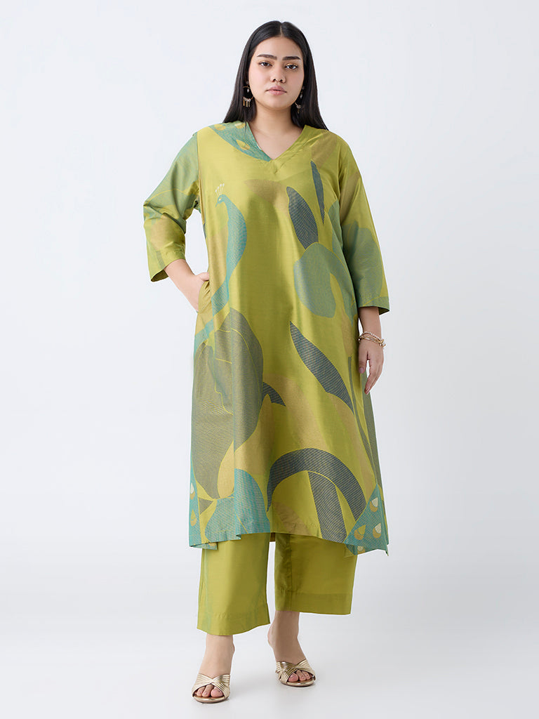 Diza Lime Botanical Design A-Line Kurta
