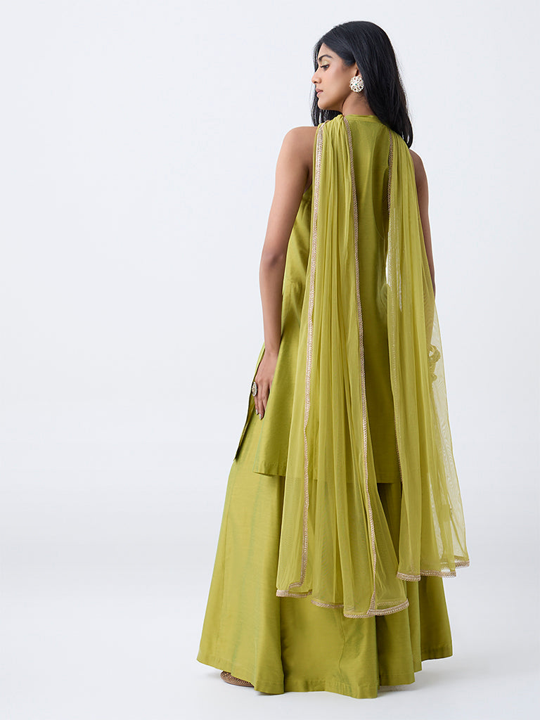 Vark Lime Floral Embroidered A-Line Ethnic Set