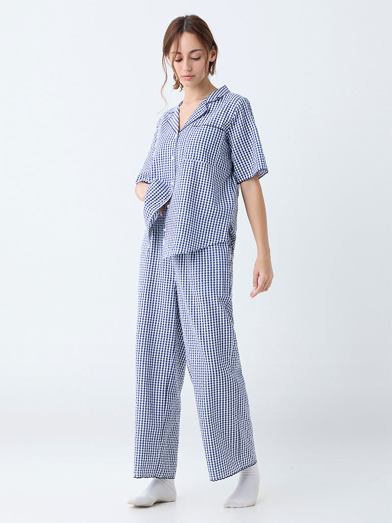 Wunderlove Navy Checkered Cotton Shirt and Pyjama Set