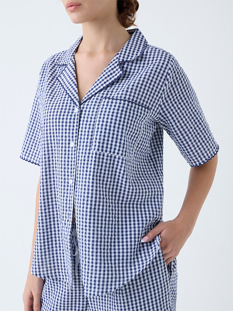 Wunderlove Navy Checkered Cotton Shirt and Pyjama Set