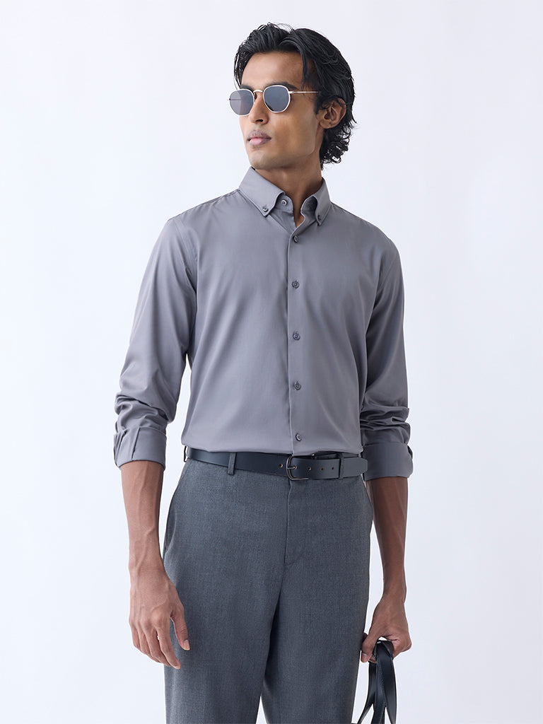 WES Formals Grey Slim-Fit Cotton-Blend Shirt