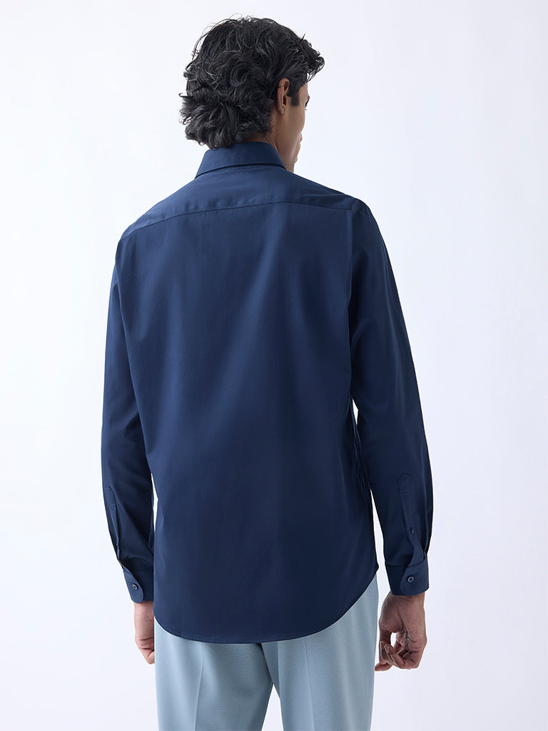 WES Formals Navy Slim-Fit Cotton-Blend Shirt