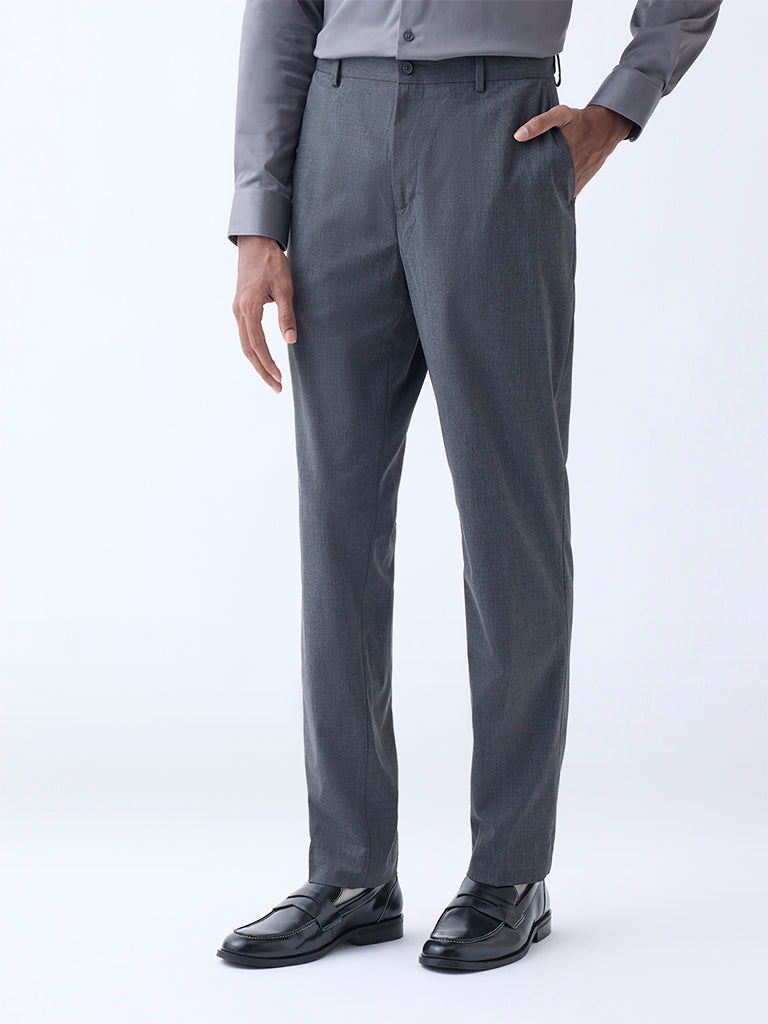 WES Formals Charcoal Slim-Fit Mid-Rise Trousers