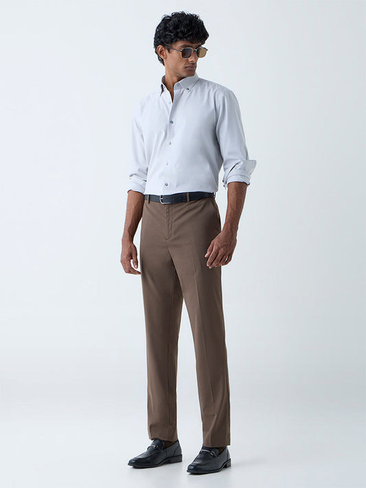 WES Formals Dark Brown Slim-Fit Mid-Rise Trousers