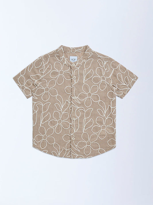HOP Kids Brown Floral Embroidered Cotton Shirt