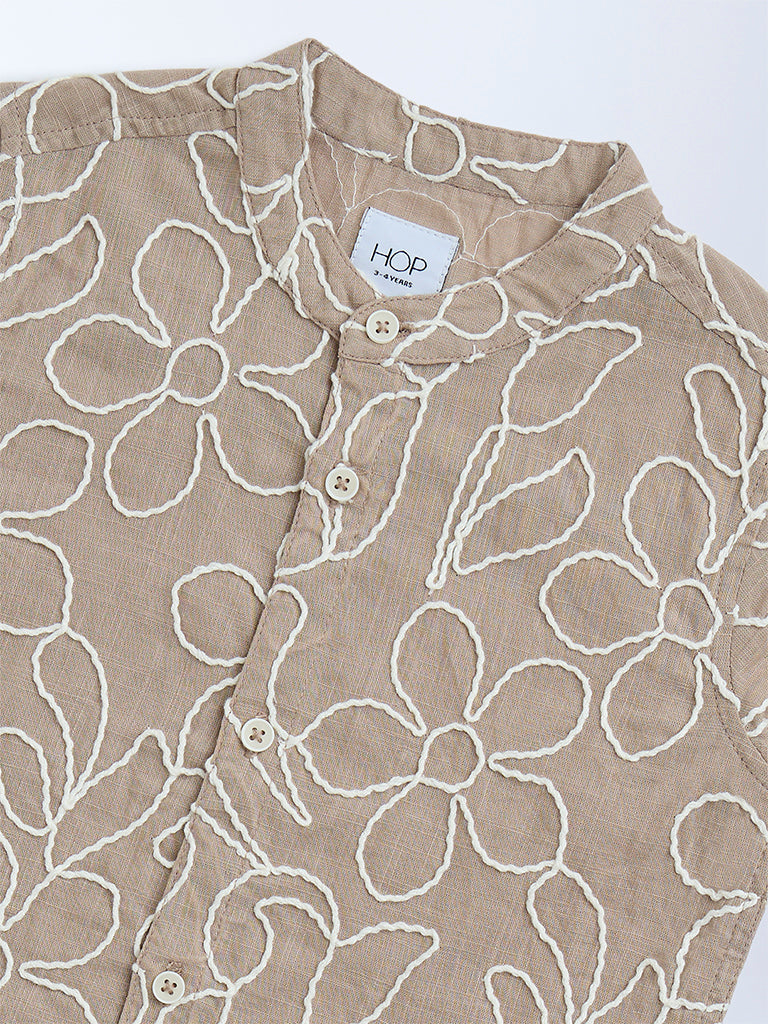 HOP Kids Brown Floral Embroidered Cotton Shirt