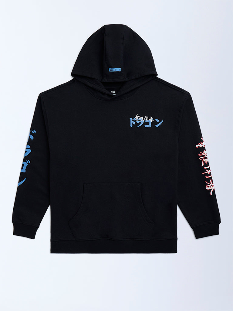 Y&F Kids Black Printed Cotton-Blend Hoodie