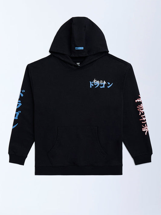 Y&F Kids Black Printed Cotton-Blend Hoodie