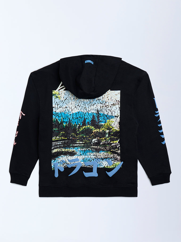 Y&F Kids Black Printed Cotton-Blend Hoodie