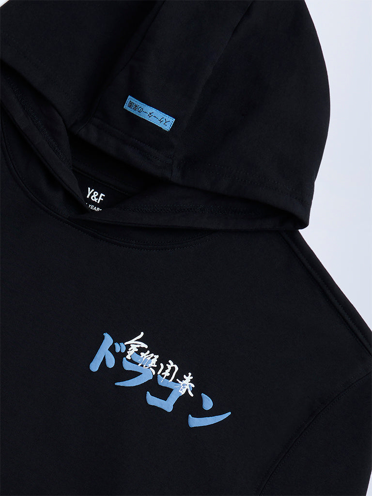 Y&F Kids Black Printed Cotton-Blend Hoodie