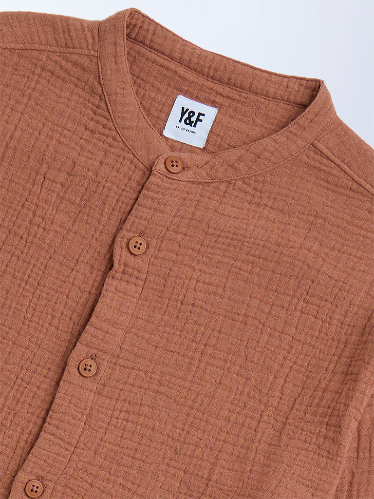 Y&F Kids Rust Crinkle-Textured Cotton Shirt