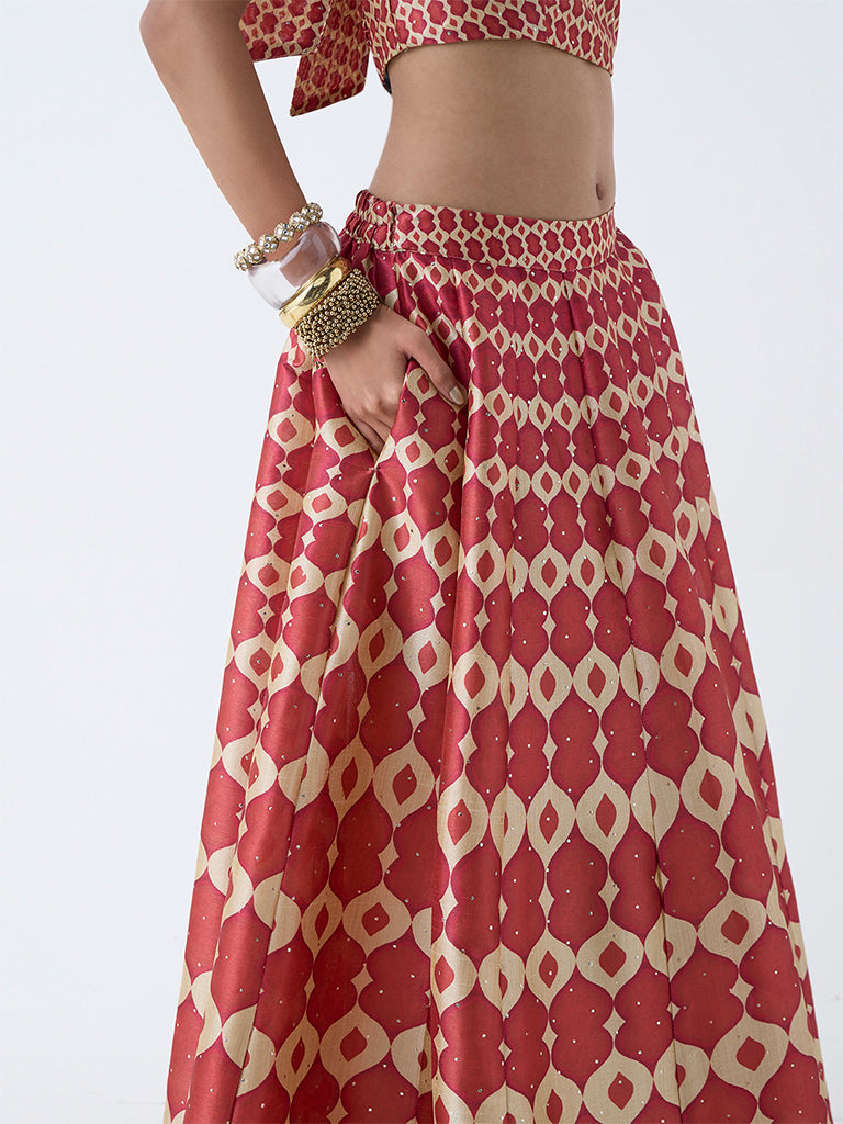 Vark Red Printed Maxi Skirt