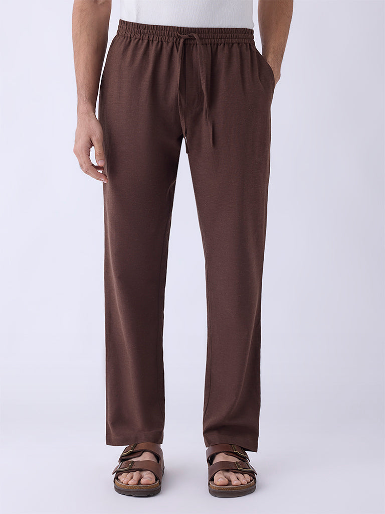 Mens Ethnicwear Brown Solid Relaxed-Fit Mid-Rise Pants