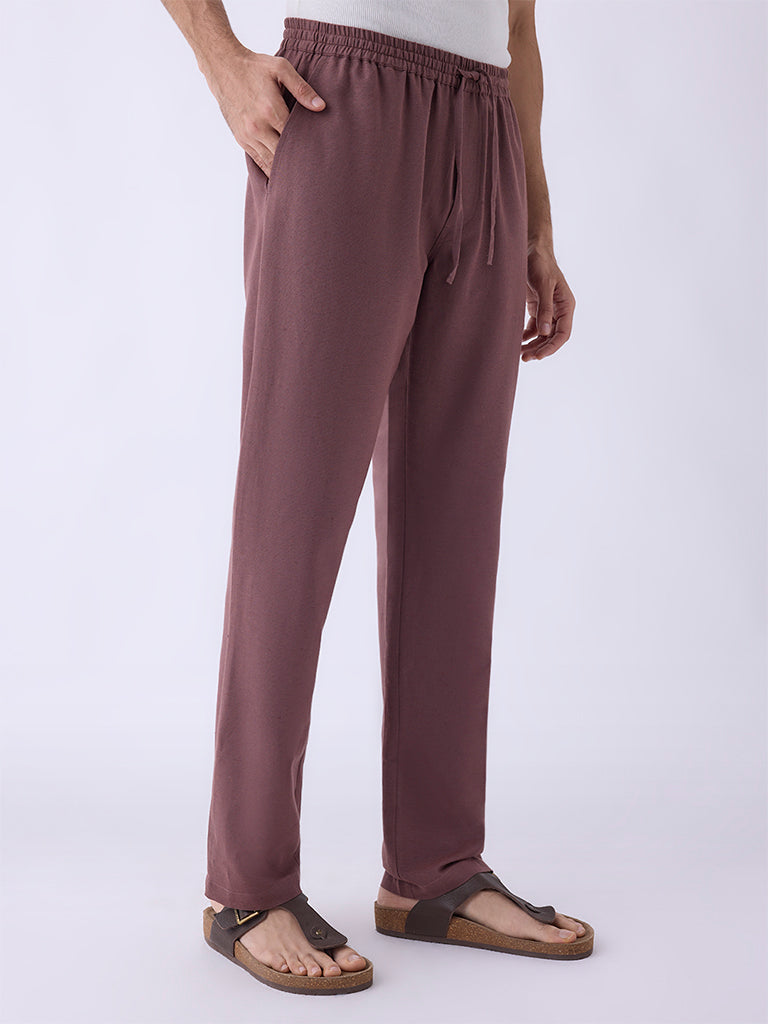 Mens Ethnicwear Mauve Solid Relaxed-Fit Mid-Rise Pants