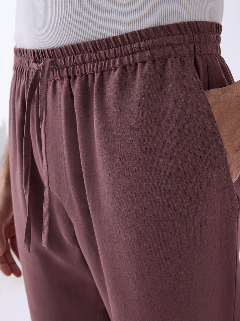 Mens Ethnicwear Mauve Solid Relaxed-Fit Mid-Rise Pants