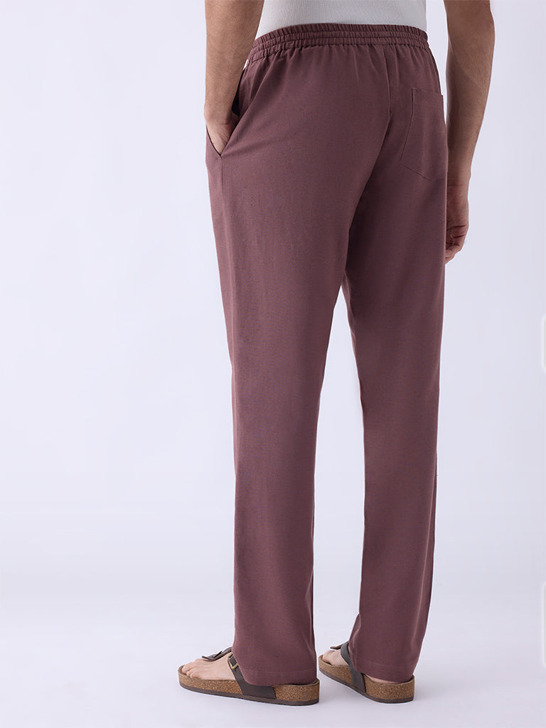 Mens Ethnicwear Mauve Solid Relaxed-Fit Mid-Rise Pants