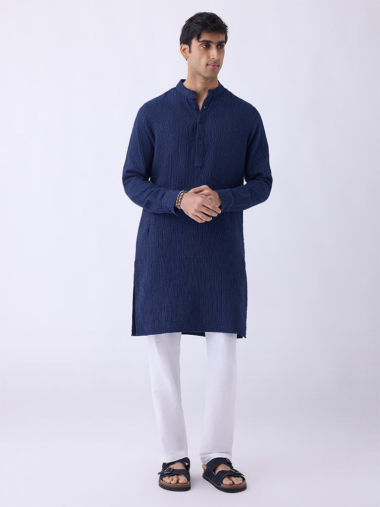 Mens Ethnicwear Indigo Striped Relaxed-Fit Cotton Kurta