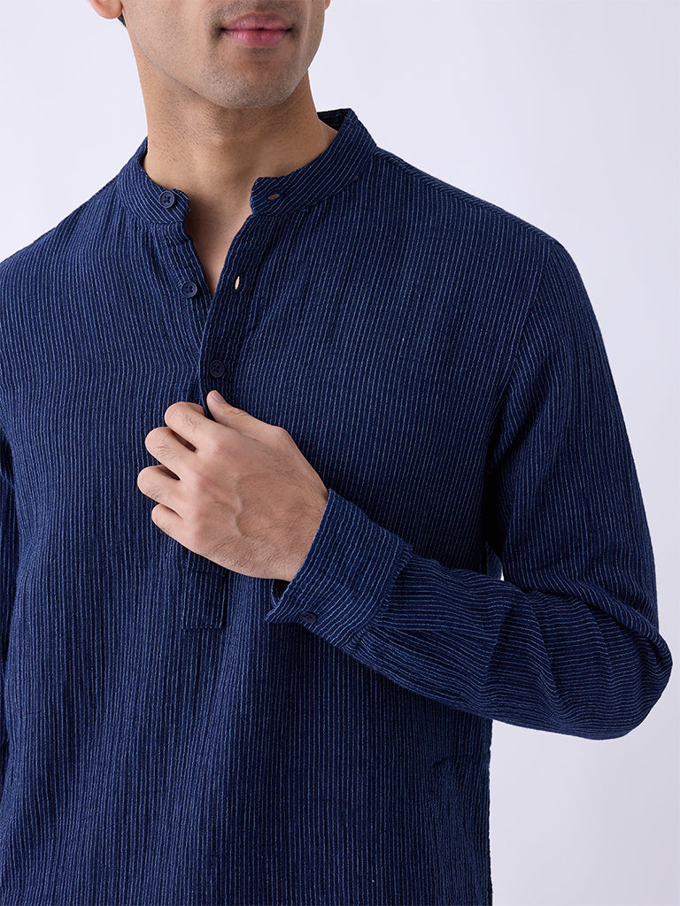 Mens Ethnicwear Indigo Striped Relaxed-Fit Cotton Kurta
