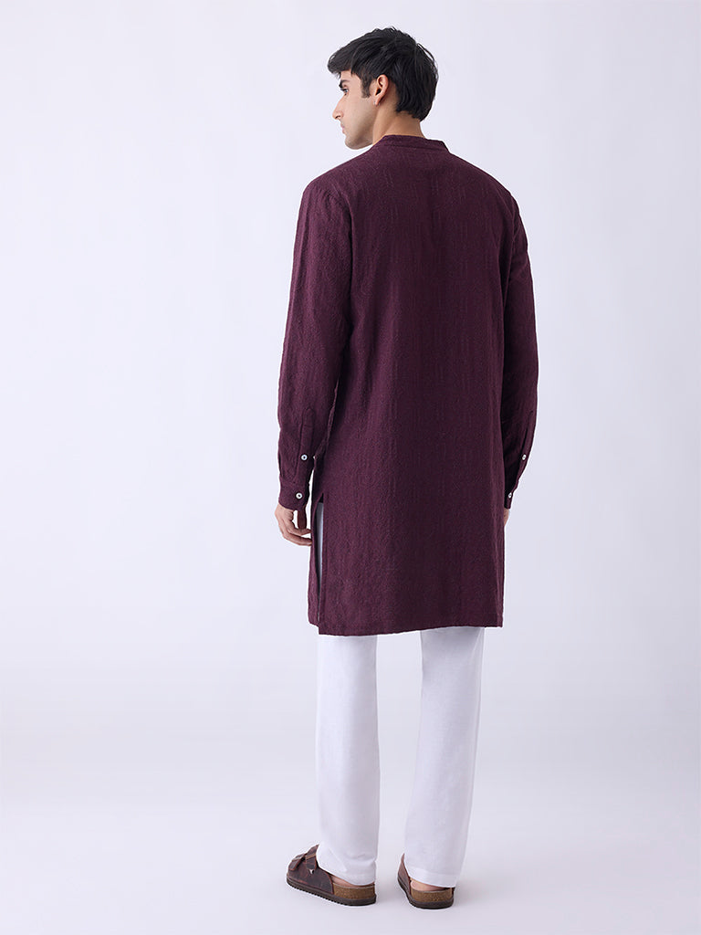 Mens Ethnicwear Wine Relaxed-Fit Cotton-Blend Kurta