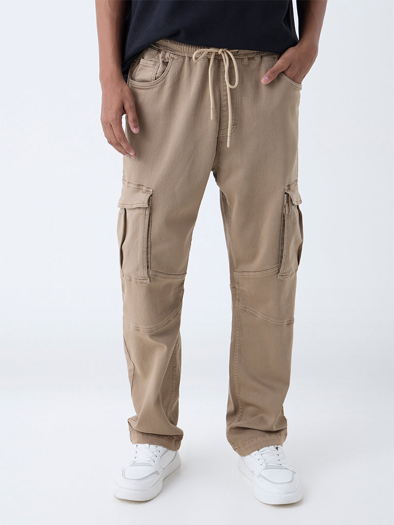 Nuon Beige Relaxed-Fit Mid-Rise Cotton-Blend Cargo Pants
