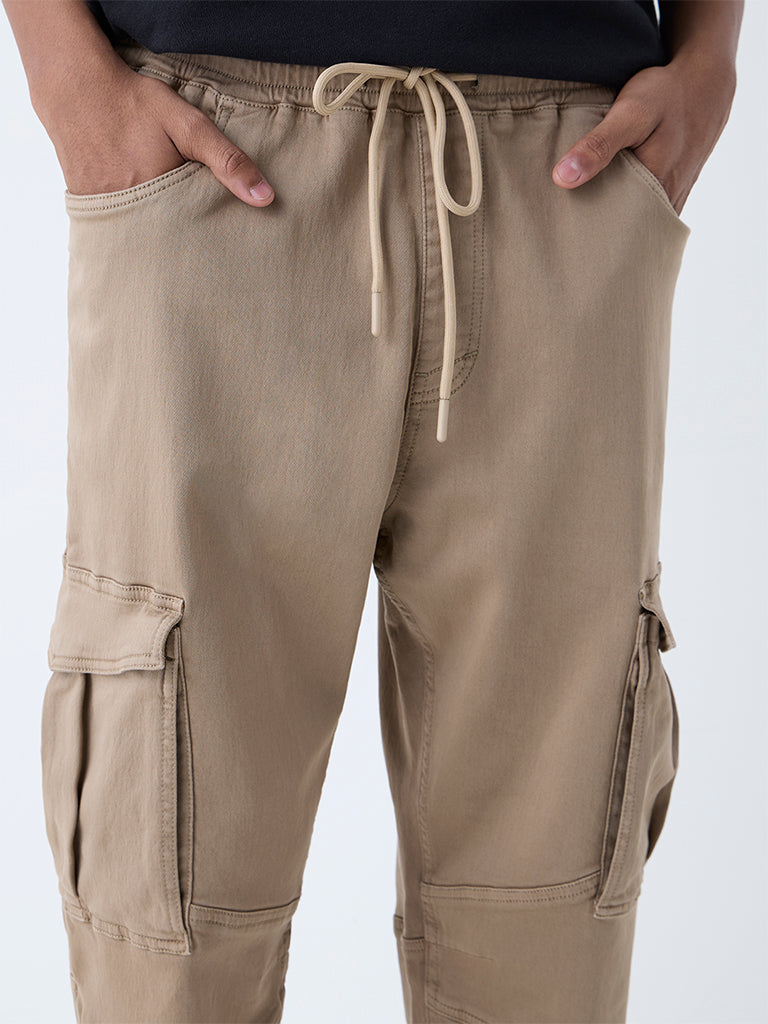 Nuon Beige Relaxed-Fit Mid-Rise Cotton-Blend Cargo Pants