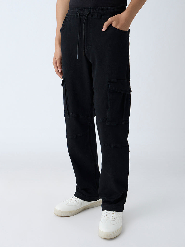 Nuon Black Relaxed-Fit Mid-Rise Cotton-Blend Cargo Pants