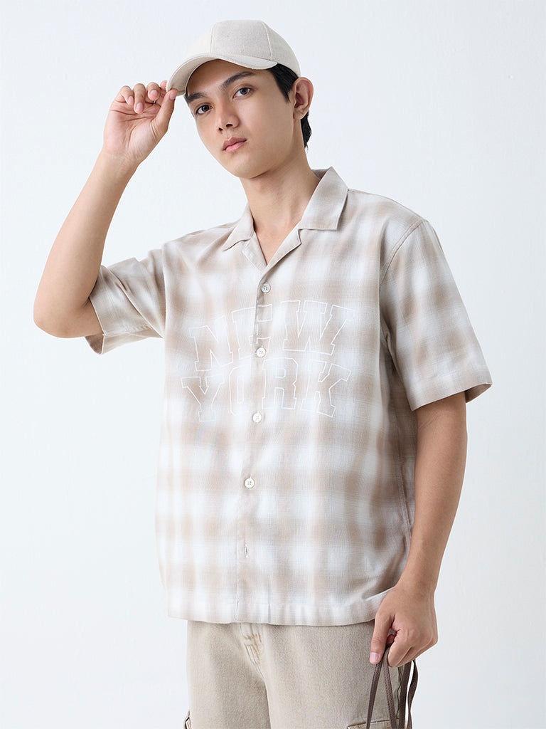 Nuon Beige Checkered Relaxed-Fit Cotton Shirt