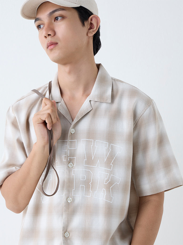 Nuon Beige Checkered Relaxed-Fit Cotton Shirt