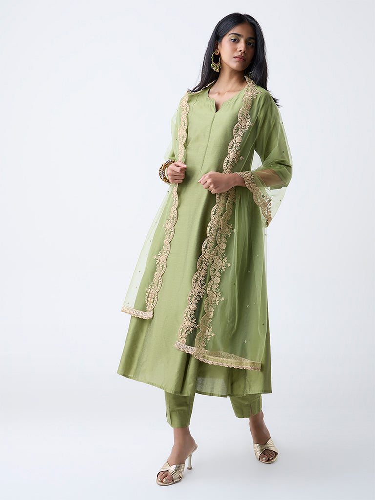 Vark Olive Solid Anarkali Ethnic Set