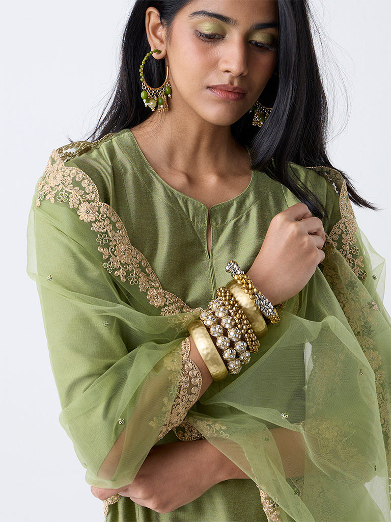 Vark Olive Solid Anarkali Ethnic Set