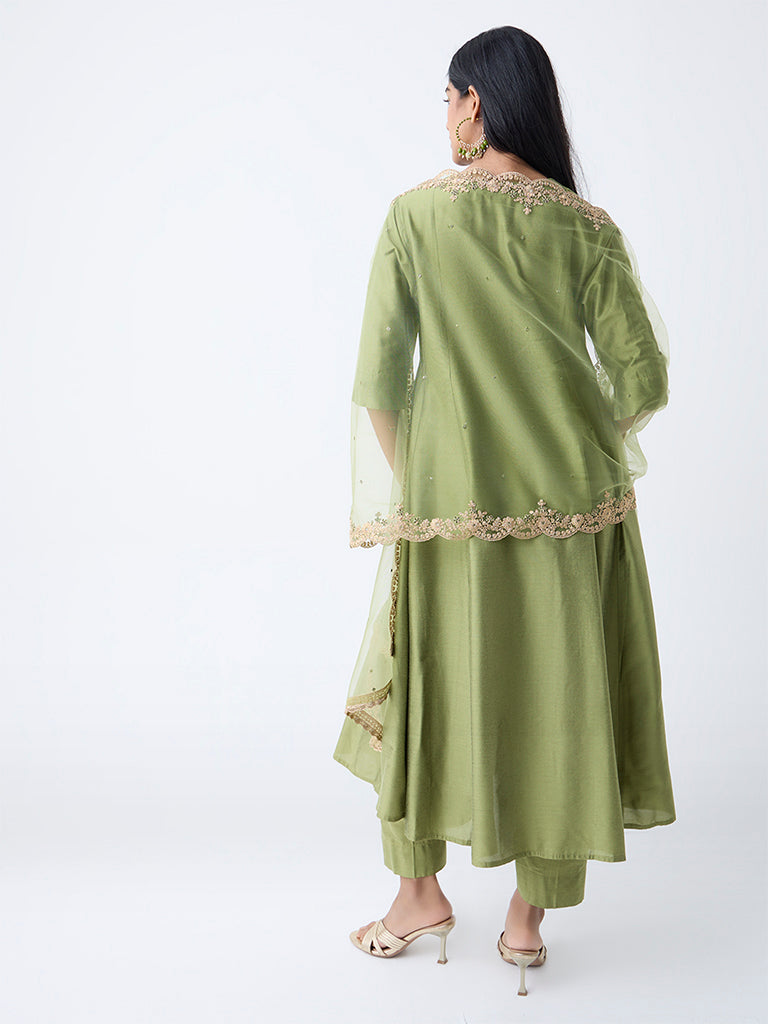 Vark Olive Solid Anarkali Ethnic Set
