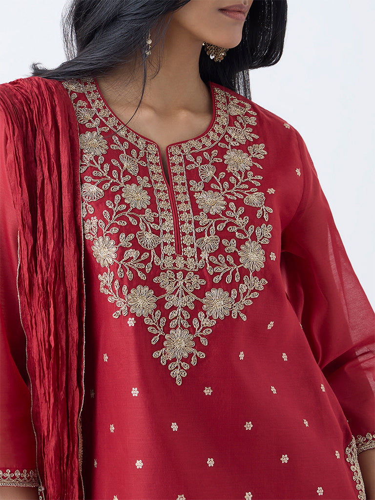 Vark Maroon Floral Embroidered Cotton-Blend Ethnic Set
