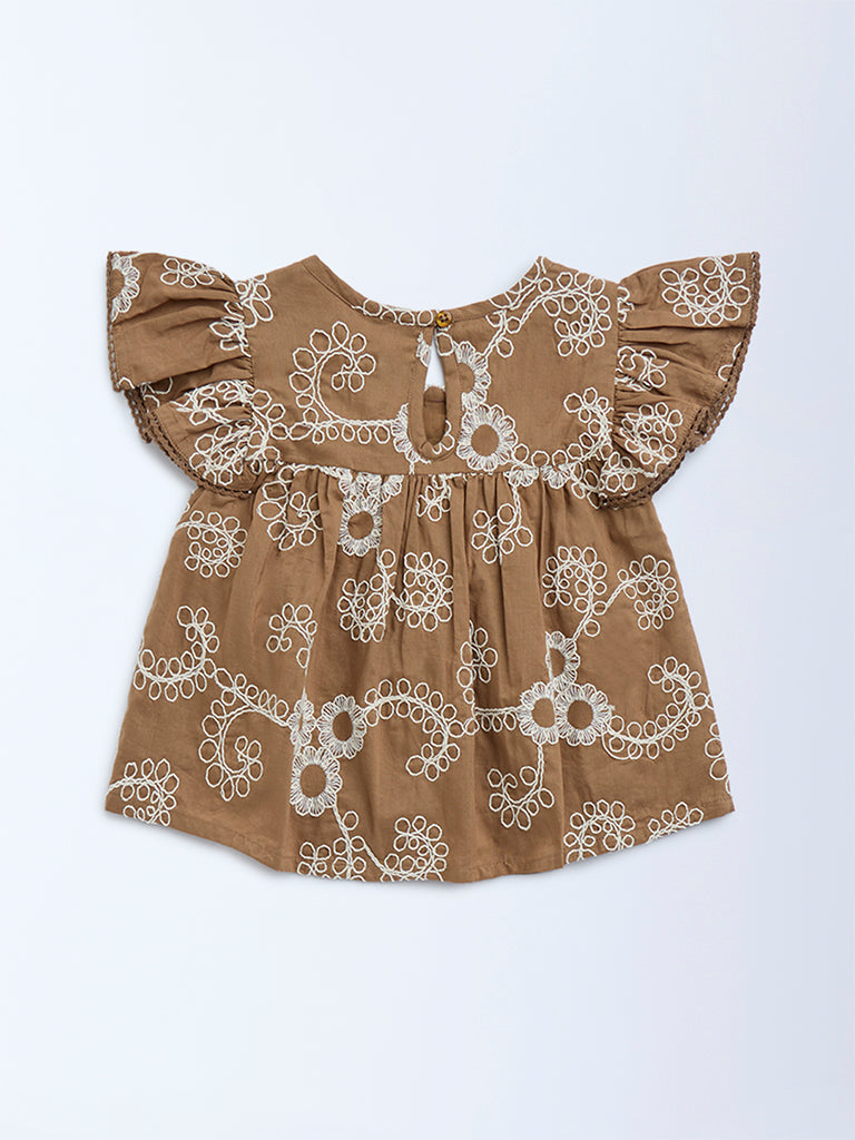 HOP Kids Brown Floral Embroidered Peplum Cotton Top