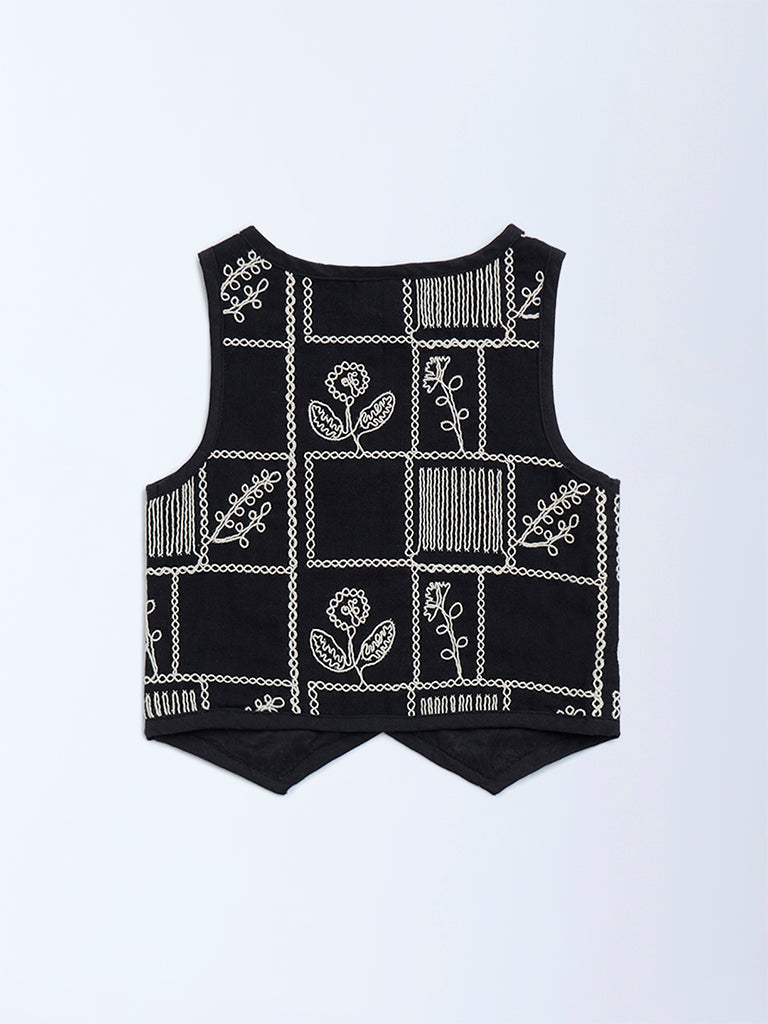 HOP Kids Black Floral Embroidered Cotton Vest Top