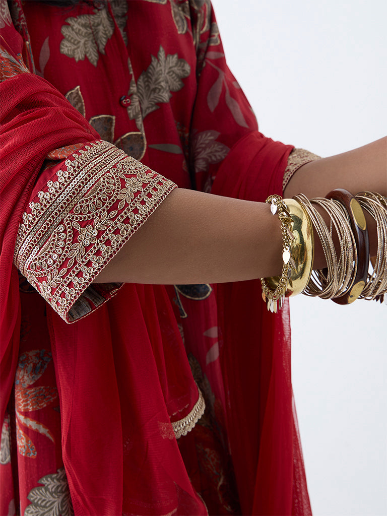Vark Red Floral Pattern A-Line Ethnic Set