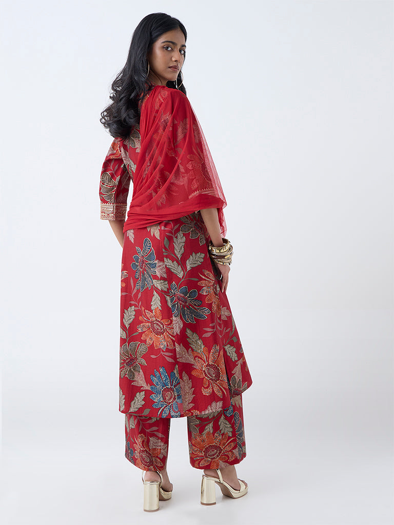 Vark Red Floral Pattern A-Line Ethnic Set