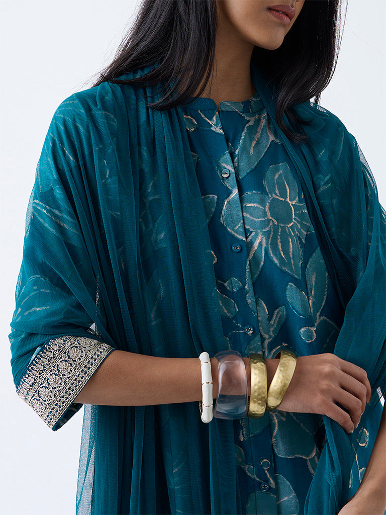 Vark Teal Floral Pattern A-Line Ethnic Set