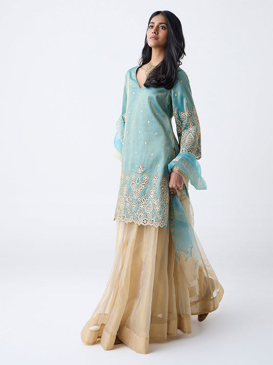 Vark Teal Zari Embroidered A-Line Ethnic Set