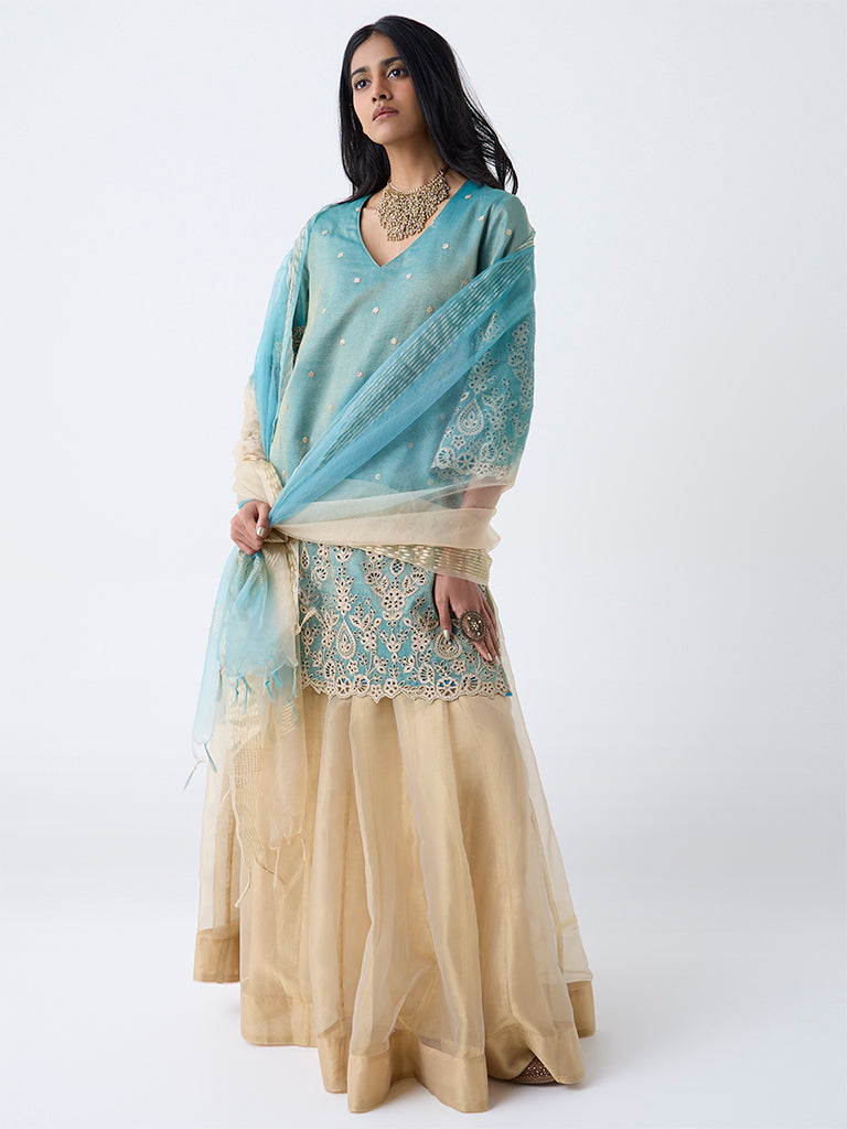 Vark Teal Zari Embroidered A-Line Ethnic Set