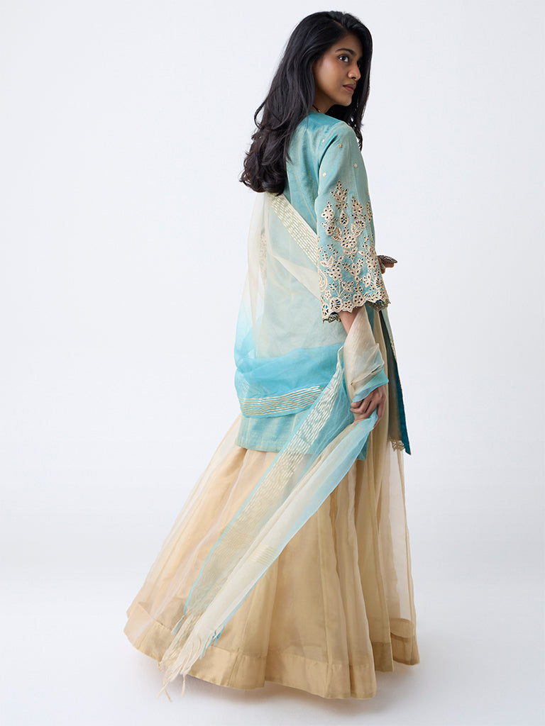 Vark Teal Zari Embroidered A-Line Ethnic Set