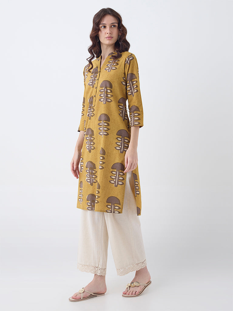 Utsa Mustard Mushroom Design Cotton Straight Kurta