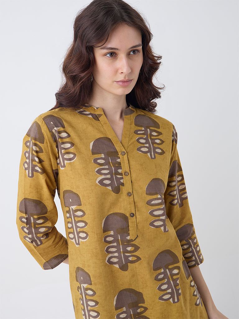 Utsa Mustard Mushroom Design Cotton Straight Kurta