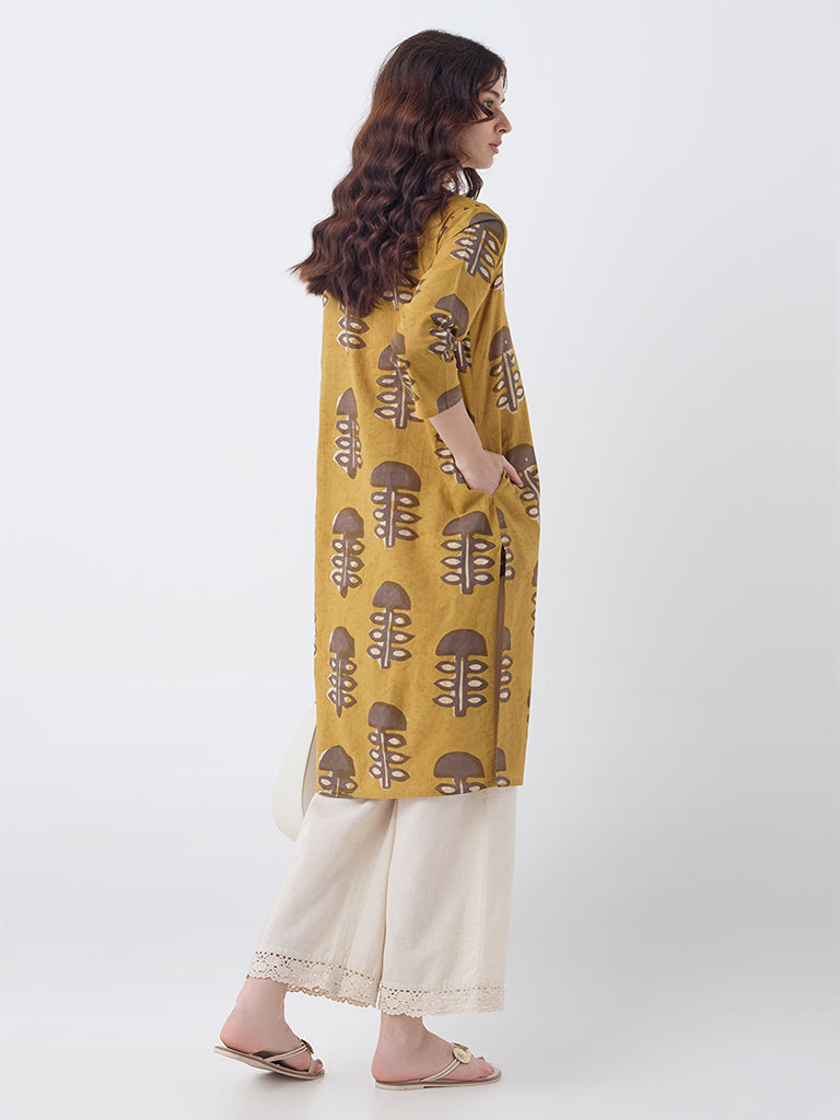Utsa Mustard Mushroom Design Cotton Straight Kurta