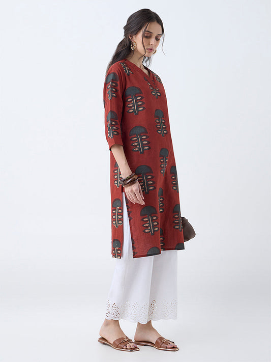 Utsa Maroon Mushroom Printed Cotton Straight Kurta